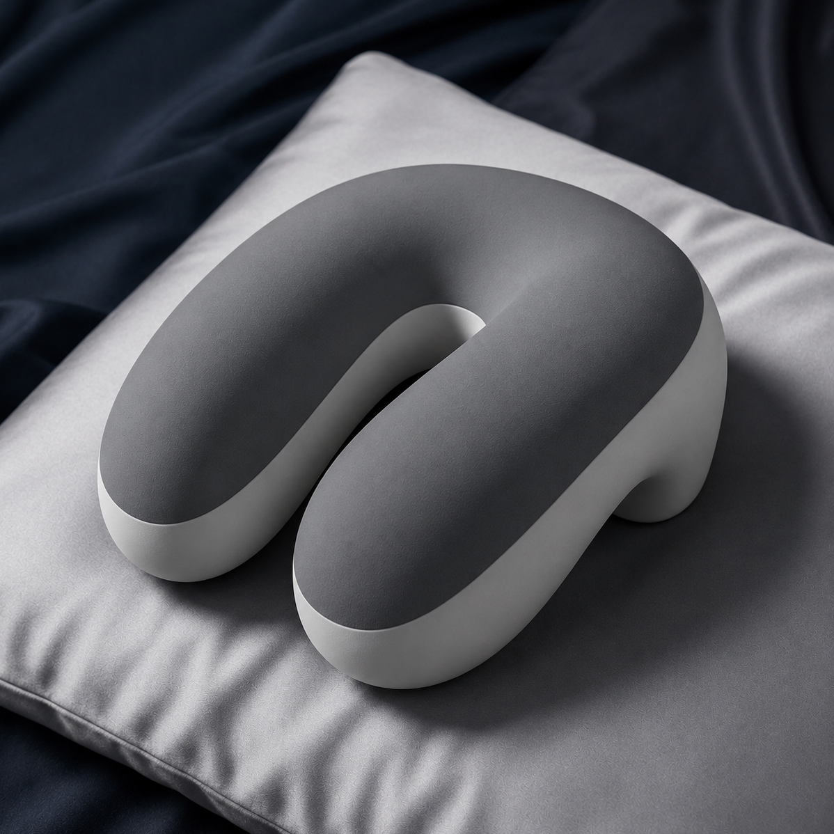 A U-shaped neck pillow in dark gray and white, resting on a light gray pillow against a dark navy background.